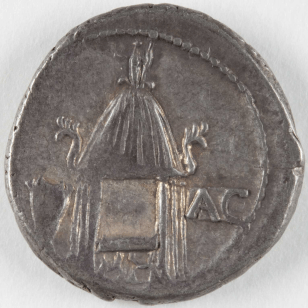 Roman coin with curule chair and voting urn